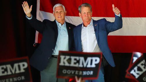 Former Vice President Mike Pence headlines the get-out-the-vote rally with Governor Brian Kemp on the eve of Georgia’s primary at the Cobb County International Airport on Monday, May 23, 2022, in Kennesaw.    “Curtis Compton / Curtis.Compton@ajc.com”