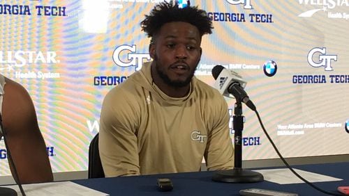 Georgia Tech A-back Clinton Lynch speaks with media after becoming the first player in school history to record 1,000 yards rushing and receiving in the win over Bowling Green September 29, 2018.