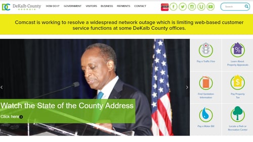 A screenshot of DeKalb County's website notifying customers that an internet outage is affecting some government functions.