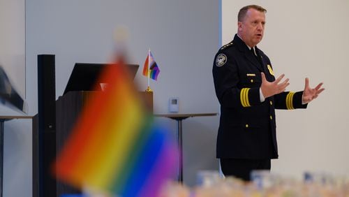Atlanta Police Department Interim Chief Darin Schierbaum, who is gay, speaks at a vigil for LGBTQ+ victims of crime at Atlanta’s Central Library on Tuesday, June 28, 2022. The vigil was organized by the DA’s office and its LGBTQ+ advisory committee. (Arvin Temkar / arvin.temkar@ajc.com)