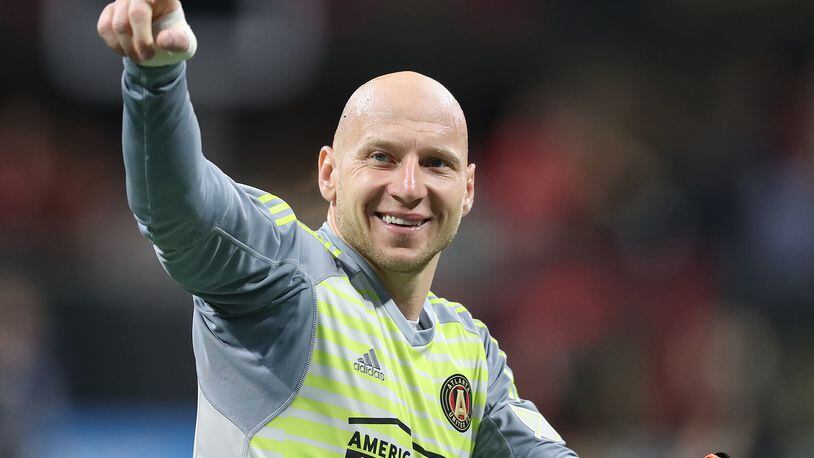 March 11, 2018 Atlanta: Atlanta United goalkeeper Brad Guzan celebrates a 3-1 victory over D.C. United during the home opener in a MLS soccer match on Sunday, March 11, 2018, in Atlanta.    Curtis Compton/ccompton@ajc.com
