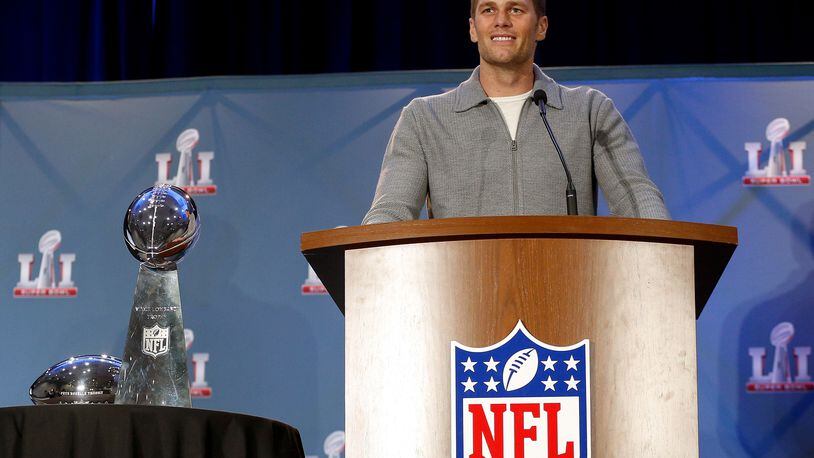 HOUSTON, TX - FEBRUARY 06: Super Bowl LI MVP Tom Brady talks with the media about their win over the Atlanta Falcons at the Super Bowl Winner and MVP press conference on February 6, 2017 in Houston, Texas. (Photo by Bob Levey/Getty Images)