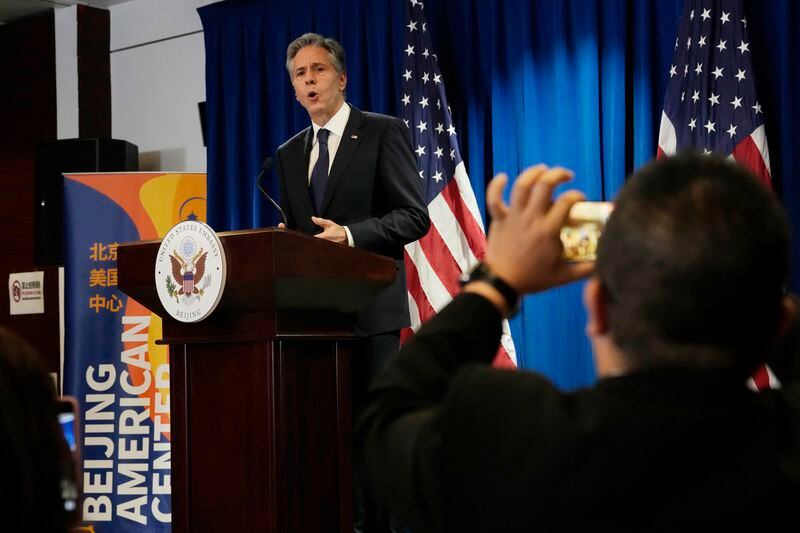 FILE - U.S. Secretary of State Antony Blinken holds a news conference in the Beijing American Center at the U.S. Embassy in Beijing, Monday, June 19, 2023. The United States and China have pledged to stabilize their badly deteriorated ties during a critical visit to Beijing by Blinken, who met with Chinese President Xi Jinping. Blinken is starting three days of talks with senior Chinese officials in Shanghai and Beijing this week. It comes as U.S.-China ties are at a critical point over numerous global disputes. (AP Photo/Ng Han Guan)