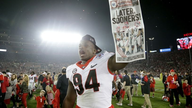 Michael Barnett's Georgia Bulldogs beat Oklahoma in the 2018 College Football Playoff semifinal at the Rose Bowl in the only meeting between the teams. Oklahoma and Texas are seeking to join Georgia in the SEC. (Photo by Jeff Gross/Getty Images)