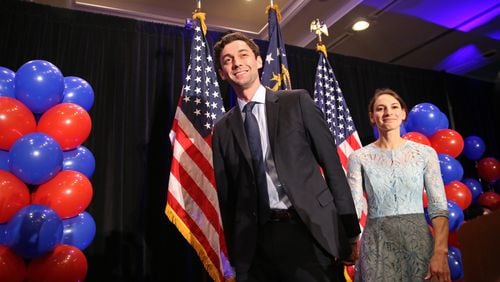 Georgia 6th District congressional candidate Jon Ossoff, with his fiancee Alisha Kramer, leaves the stage during his election night party at the Westin Atlanta Perimeter Hotel Tuesday, June 20, 2017.