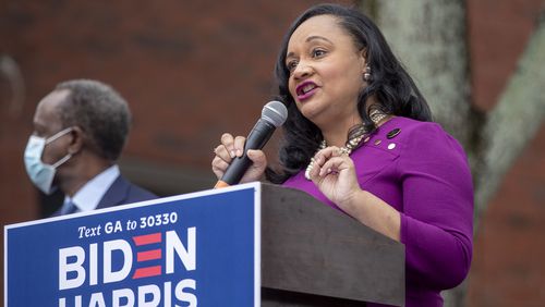 10/12/2020 - Decatur, Georgia - Democratic candidate for U.S. House Nikema Williams at a rally for Presidential Democratic nominee Joe Biden and Vice President nominee Kamala Harris in downtown Decatur, Monday, October 12, 2020.  (Alyssa Pointer / Alyssa.Pointer@ajc.com)