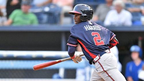 Michael Harris breaks out of the box in Rome, in a Braves Single-A game against Asheville last year. (Tony Farlow/Four Seam Images via AP)