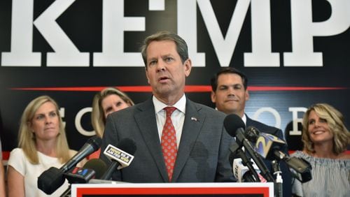 Republican nominee for governor Brian Kemp, speaking to reporters during a press conference at his campaign headquarters in Buckhead on Wednesday, Sept. 19, 2018, proposed a school counselor in all 343 state public high schools; one-time funding for schools to spend as they see fit; and a school safety division in the Georgia Department of Education. HYOSUB SHIN / HSHIN@AJC.COM