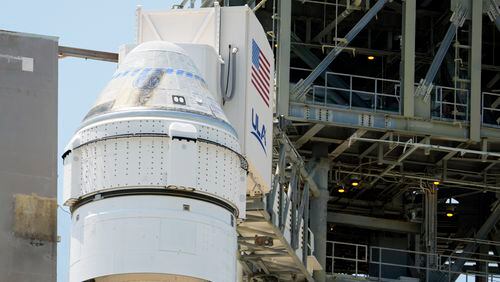 Boeing's Starliner capsule atop an Atlas V rocket is seen at Space Launch Complex 41 at the Cape Canaveral Space Force Station a day after its mission to the International Space Station was scrubbed because of an issue with a pressure regulation valve, Tuesday, May 7, 2024, in Cape Canaveral, Fla. (AP Photo/John Raoux)