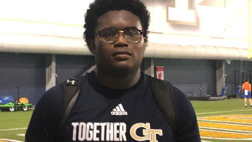 Alpharetta High offensive lineman Elias Cloy announced his decision to commit to Georgia Tech on Sunday. He attended a camp at Tech on Monday. (AJC photo by Ken Sugiura)