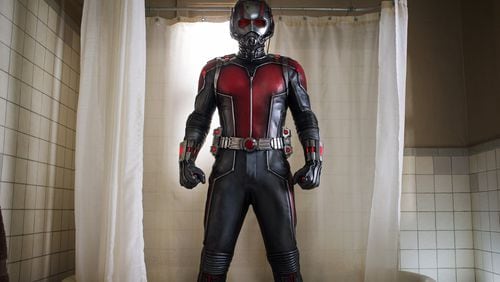 Paul Rudd stars as Scott Lang, a thief recruited by inventor Hank Pym (Michael Douglas) to steal a substance that shrinks Lang to the size of an ant. Corey Stoll plays Ant-Man’s archenemy Yellowjacket. Photo by Zade Rosenthal