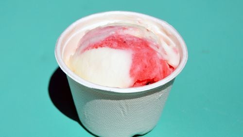 Old Fourth Ward’s Queen of Cream combines a strawberry sorbet with lemon buttermilk sherbet for a new spin on strawberry ice cream. CONTRIBUTED BY KRIS MARTINS