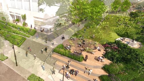 This is a rendering of Woodruff Arts Center's planned $67 million campus revamp, which includes landscaping projects and new performance stages and play spaces.