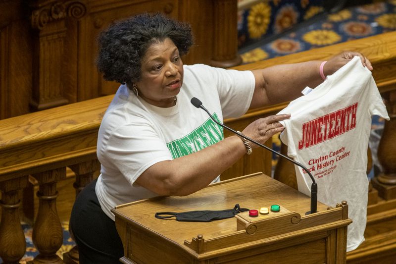 Georgia Sen. Gail Davenport (D-Jonesboro) reflects on Juneteenth during a personal point of privilege in the Senate Chambers on day 34 of the legislative session at Georgia State Capitol building in Atlanta, Friday, June 19, 2020. 