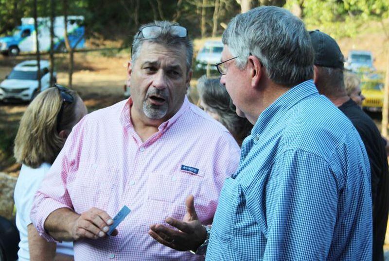 Polk County Commissioner Scotty Tillery (left) talks with Cave Spring City Council member Charles Jackson at the grand opening of the Potts Hollow Trailhead on Saturday. (Photo Courtesy of Jeremy Stewart)