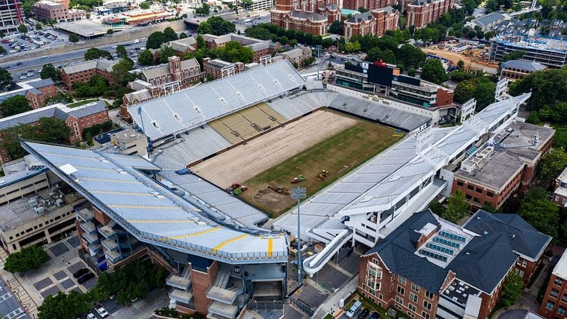Work began in late May 2020 on changing the playing surface at Georgia Tech's Bobby Dodd Stadium from natural grass to artificial turf. The new surface on Grant Field is expected to be ready for the start of Tech's football season Sept. 3. (Georgia Tech Athletics/Danny Karnik)