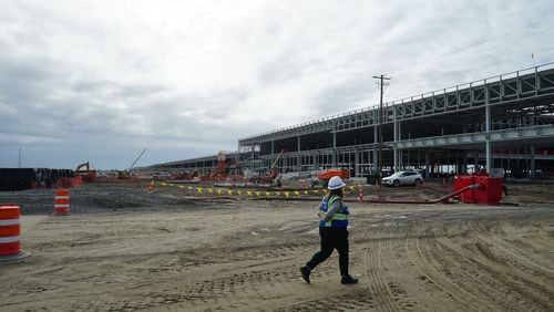 Construction progress on Hyundai Motor Groups Metaplant near Savannah, Georgia, is shown on Oct. 25, 2023. The $7.6 billion electric vehicle and battery plant is expected to begin production in late 2024 or early 2025. (Drew Kann/The Atlanta Journal-Constitution/TNS)