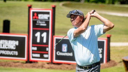 Stephen Ames tees off in the Thursday pro-am at the Mitsubishi Electric Classic, April 25, 2024, at TPC Sugarloaf in Duluth. (Photo by David King)