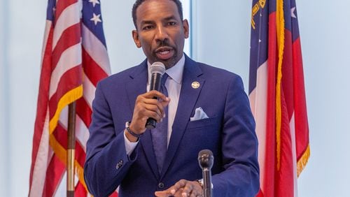 Atlanta Mayor Andre Dickens speaks at the Martin Luther King Jr. Recreation And Aquatic Center on Thursday, Oct 6, 2022. (Steve Schaefer/steve.schaefer@ajc.com)