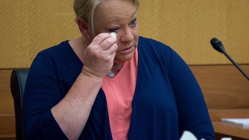 Mye Brindle, a defendant in the Waffle House sex tape trial, testifies in Fulton County Superior Court on Monday, April 9, 2018. (STEVE SCHAEFER / SPECIAL TO THE AJC)