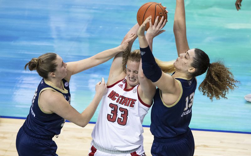 North Carolina State's Elissa Cunane (33) battles in the post against Georgia Tech's Lotta-Maj Lahtinen, left, and Lorela Cubaj, right, during an NCAA college basketball game in the semifinals of Atlantic Coast Conference tournament in Greensboro, N.C., Saturday, March 6, 2021. (AP Photo/Ben McKeown)