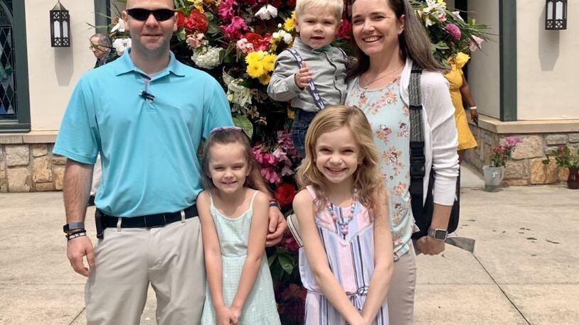 Megan Pepperdine with her family, husband Jason, son Reid, and daughters Amelia and Calleigh, in front of their church, Buford Presbyterian. Pepperdine sought counsel from her pastors after the mass shooting Las Vegas shooting on Oct. 1, 2017.
(Courtesy of Megan Pepperdine)