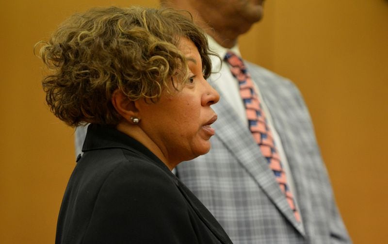 Millicent Few, makes an apology statement in court. Few, the former head of human resources for Atlanta Public Schools pleaded guilty before Judge Jerry Baxter in Fulton County Superior Court Monday, February 17, 2014.