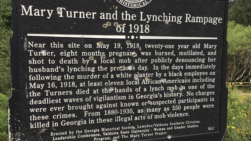 The marker recognizing the lynching of Mary Turner has long been a target of vandalism in Lowndes County, but in fall 2020, vandals tried to tear it down. Turner's family, The Mary Turner Project and the Georgia Historical Society, which erected the marker in 2010, plan to reinstall a new version of the marker at a new location. The sign details Turner's gruesome 1918 lynching, part of a mass, 7-day lynching event of nearly 12 Black people in Brooks and Lowndes counties.