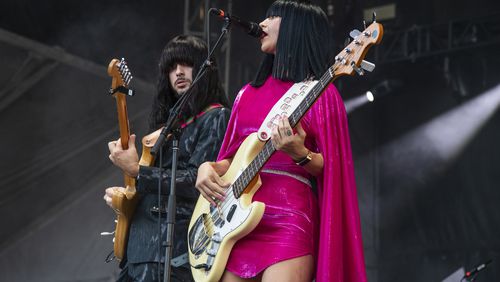 Mark Speer, left, and Laura Lee of Khruangbin perform at the Railbird Music Festival on Sunday, Aug. 29, 2021, in Lexington, Kentucky. (Photo by Amy Harris/Invision/AP)