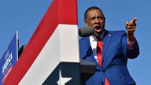 March 26, 2022 Commerce - Vernon Jones, former Democrat, speaks during a rally for Georgia GOP candidates at Banks County Dragway in Commerce on Saturday, March 26, 2022. (Hyosub Shin / Hyosub.Shin@ajc.com)