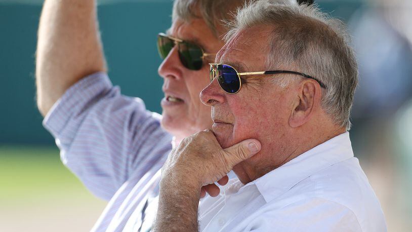 Former Braves catcher Ted Simmons (left) and former manager Bobby Cox watch batting practice in at spring training in 2016.  Curtis Compton / ccompton@ajc.com
