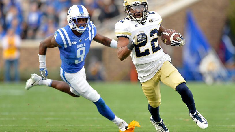DURHAM, NC - NOVEMBER 18:  Clinton Lynch #22 of the Georgia Tech Yellow Jackets breaks away from Jeremy McDuffie #9 of the Duke Blue Devils during their game at Wallace Wade Stadium on November 18, 2017 in Durham, North Carolina.  (Photo by Grant Halverson/Getty Images)