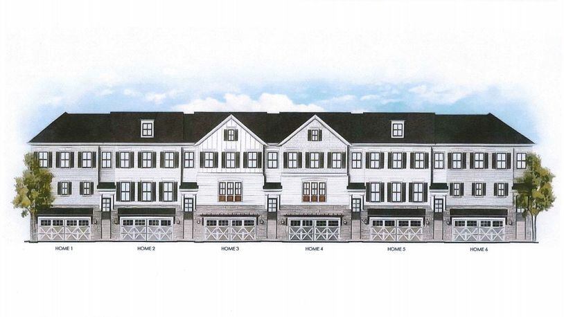 A product rendering of townhome designs. Sharp Residential LLC submitted a rezoning application in July to build 82 town homes on 13.7 acres located in northeast Alpharetta.