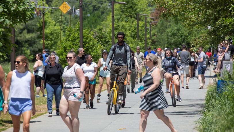 The Atlanta Beltline was fairly crowded prior to the flyover Saturday. Bob Andres / bandres@ajc.com