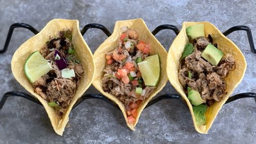 For a guilt-free taco night, top your Slow Cooker Lime Pork Tacos with fresh veggies. CONTRIBUTED BY KELLIE HYNES