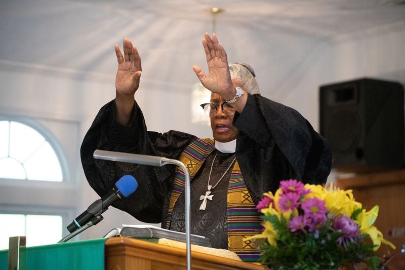 Rev. Michelle Rizer-Pool preaches at Bethel African Methodist Episcopal Church in Gainesville, Ga Sunday, Nov 24, 2019.