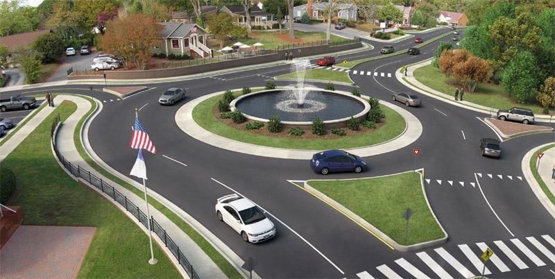Artist’s rendering depicts a multi-lane roundabout that is part of Roswell’s Historic Gateway plan for Atlanta Street (Ga. 9). One of three roundabouts in the Gateway project, which widens Atlanta Street would be located at Atlanta Street and Jones Drive. CITY OF ROSWELL