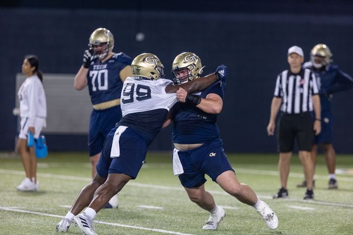 Paul Tchio (57) does a drill during the first day of spring practice for Georgia Tech football at Alexander Rose Bowl Field in Atlanta, GA., on Thursday, February 24, 2022. (Photo Jenn Finch)