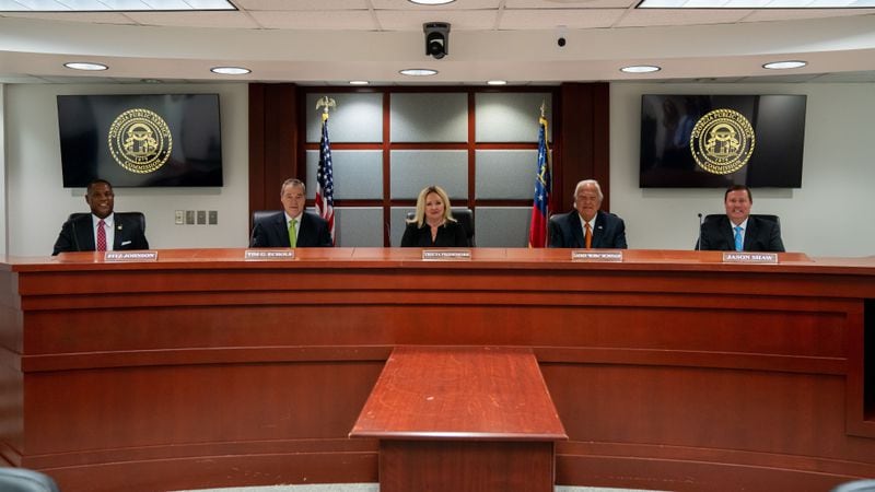 The Georgia Public Service Commission is pictured in its hearing room. From left: Commissioners Fitz Johnson, Tim Echols, Tricia Pridemore, Lauren “Bubba” McDonald and Jason Shaw. (handout)