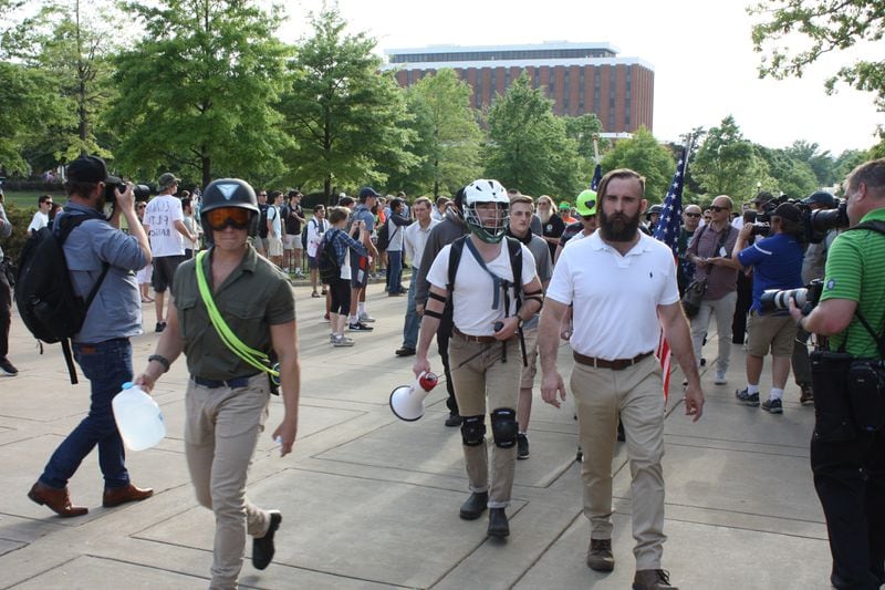 "Alt-right" activists march to Foy Hall at Auburn University in April 2017 prior to a speech by white supremacist Richard Spencer.