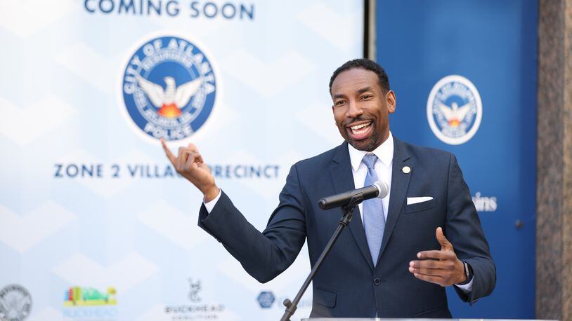 Atlanta Mayor Andre Dickens gives a speech during the unveiling of the new Buckhead mini-precinct. Thursday, January 13, 2022. Miguel Martinez for The Atlanta Journal-Constitution 
