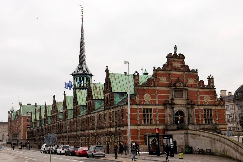 FILE - A view of the Old Stock Exchange in Copenhagen, Denmark, Jan. 28, 2019. One of Copenhagen’s oldest buildings is on fire and its iconic spire has collapsed. The roof of the 17th-century old Stock Exchange, or Boersen, that was once Denmark’s financial center, was engulfed in flames Tuesday. (Linda Kastrup/Ritzau Scanpix, file via AP)