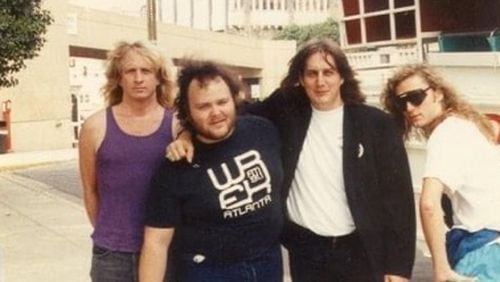 Jon Kincaid, in WREK T-shirt, with friends in downtown Atlanta. Kincaid befriended Georgia bands and promoted their music on his weekly show.