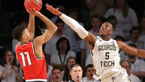 March 19, 2017, Atlanta: Georgia Tech guard Josh Okogie pressures Belmont guard Kevin McClain who missed the three point attempt in their NIT tournament round two NCAA basketball game on Sunday, March 19, 2017, in Atlanta. Curtis Compton/ccompton@ajc.com