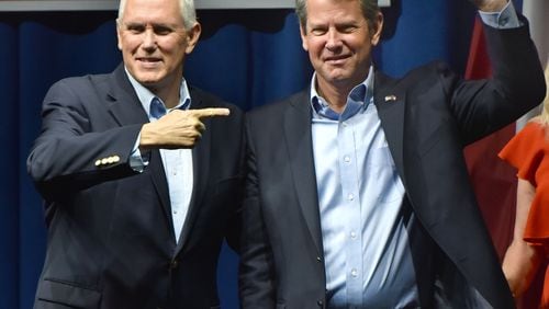 Vice President Mike Pence, left, will rally with Gov. Brian Kemp on May 23. That's the day before the GOP primary fight between Kemp and former U.S. Sen. David Perdue, who entered the race at the urging of former President Donald Trump. HYOSUB SHIN / HSHIN@AJC.COM