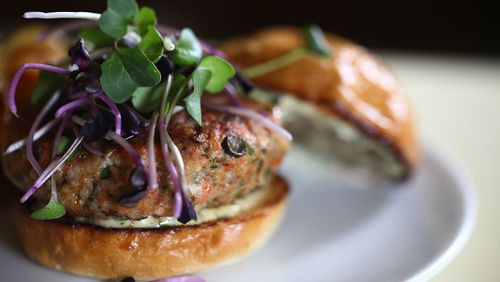 Chef Maria Hines' salmon and king oyster mushroom burger, making America great again with zero beef. (Sophia Nahli Allison/Seattle Times/TNS)