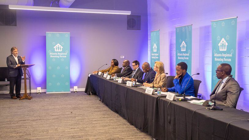 The Atlanta Regional Mayoral Forum, moderated by Bill Bolling, is centered around Atlanta's housing challenges and takes place in two parts Wednesday, Oct 6, 2021.  The second group of candidates, shown here, include Kirsten Dunn, Nolan English, Mark Hammad, Kenny Hill, Rebecca King,  Roosevelt Searles III, Richard Wright. Candidates in the first set of questions include Atlanta City Councilman Antonio Brown, councilman Andre Dickens, attorney Sharon Gay, council president Felicia Moore and former mayor Kasim Reed. (Jenni Girtman for The Atlanta Journal-Constitution)