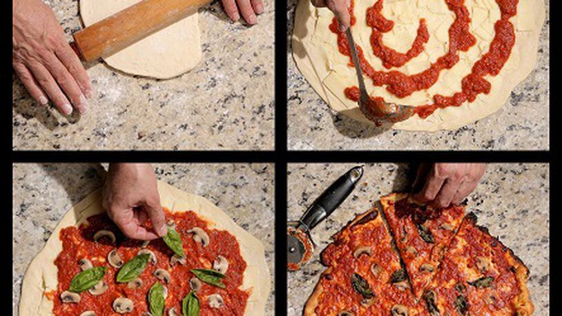 Steps in making a homemade pizza include (clockwise from top left) rolling out the dough, placing a layer of cheese and sauce, then add toppings, and finally bake in the oven. (Huy Mach/St. Louis Post-Dispatch/TNS)