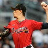Atlanta Braves pitcher Max Fried (54) works against the San Diego Padres in the first inning of a baseball game, Friday, May 17, 2024, in Atlanta. The Braves fell 3-1. (AP Photo/Mike Stewart)