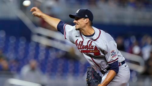 Atlanta Braves' Charlie Morton delivers a pitch during the first inning of the team's baseball game against the Miami Marlins, Friday, July 9, 2021, in Miami. (AP Photo/Wilfredo Lee)